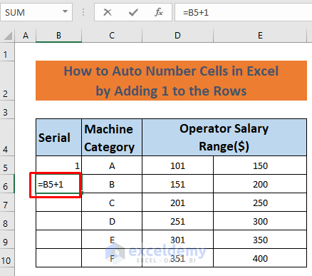 how to auto number cells in excel by adding 1 to the row