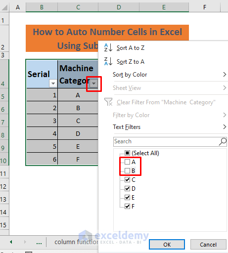 how to auto number cells in excel using subtotal function