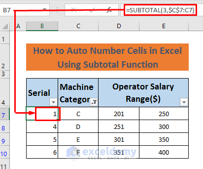 how to auto number cells in excel using subtotal function