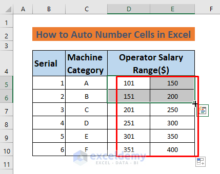 how to auto number cells in excel using fill handle