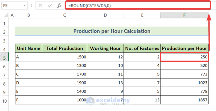 For Multiple Factories Calculate Production per Hour Using Total Production Units and Elapsed Time