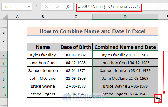 how to combine name and date in excel