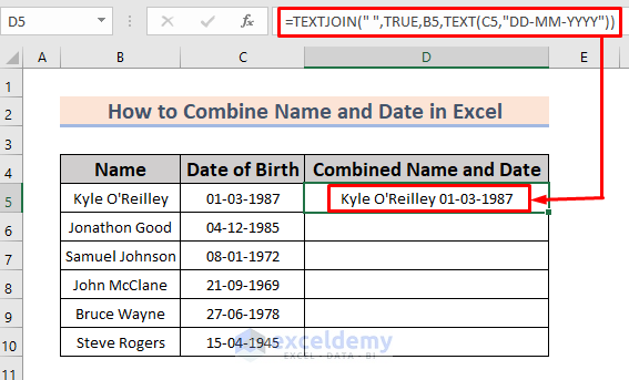 how to combine name and date in excel using textjoin function