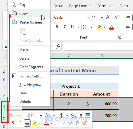 Use Context Menu to Copy and Paste in Excel to Keep Cell Size