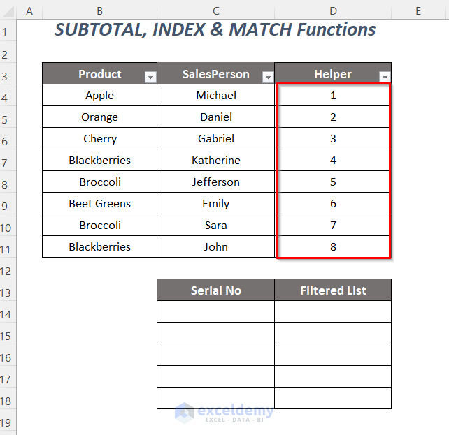 SUBTOTAL, INDEX and MATCH functions