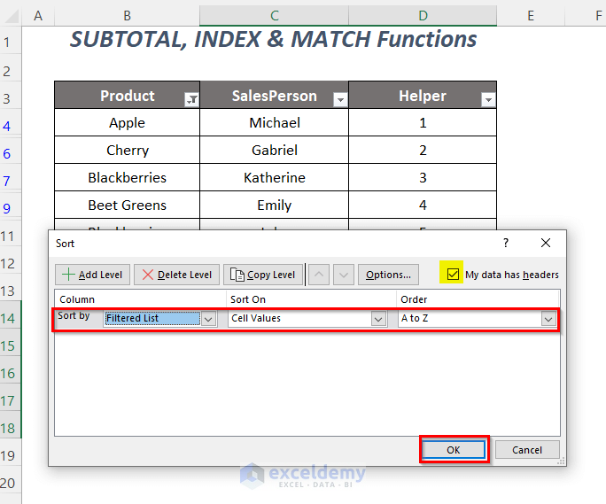 SUBTOTAL, INDEX and MATCH functions