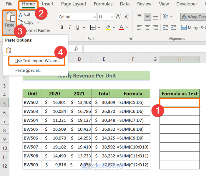 Use text import wizard to Copy a Formula and Paste as Text in Excel