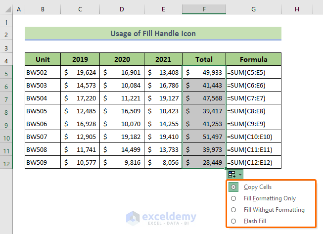 Drag the Fill Handle Icon to Copy a Formula in Excel Down the Column without copying cell format