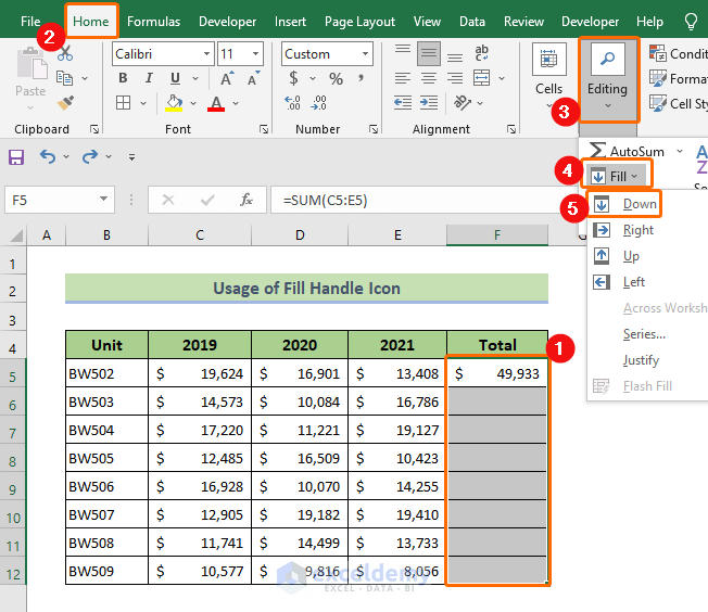 Use the Fill Down Option to Copy Formula in Excel  Down the Column