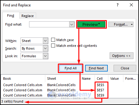 How to count blank colored cells in excel using Find & Select