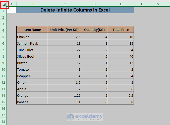how to delete infinite columns in excel