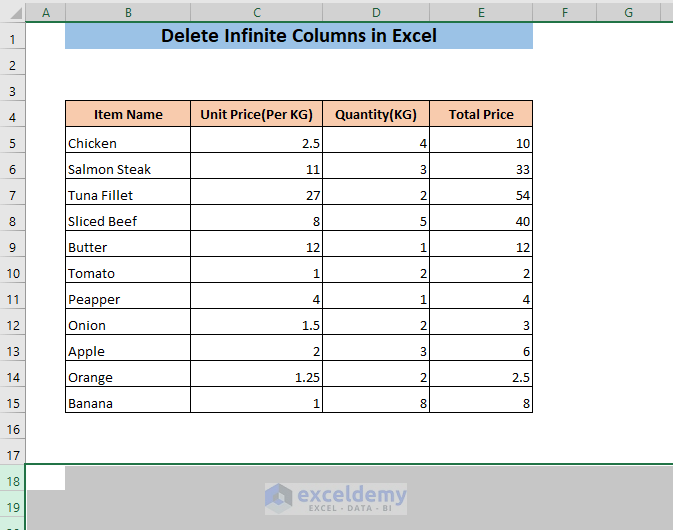 how to delete infinite columns in excel