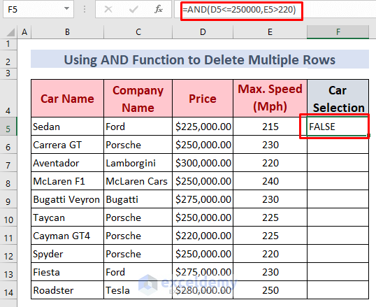Deleting multiple rows using and function