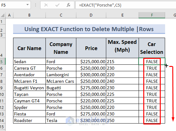 Deleting multiple rows using exact function