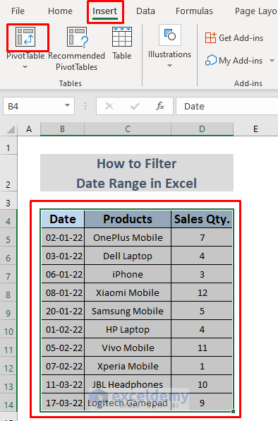 how to filter date range in excel using pivot table