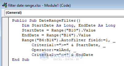 how to filter date range in excel using VBA