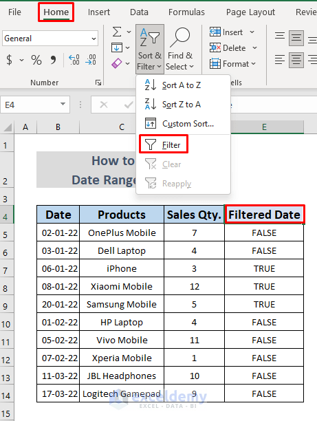 how to filter date range in excel 