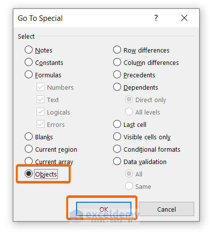 Use Go to Special to Find and Remove all the Objects from Your Excel Worksheet to Solve the “Fixed Objects will Move” Error