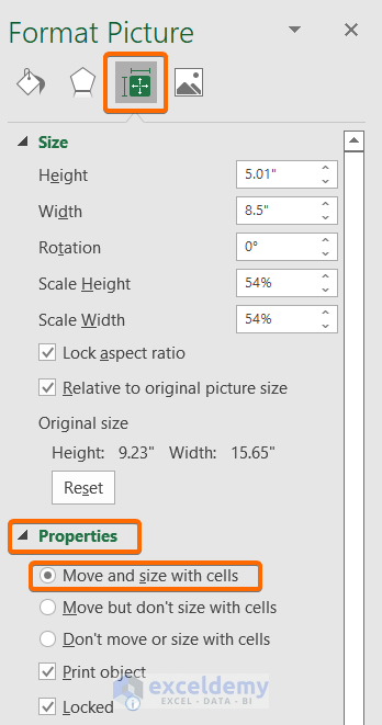 Enable “Don’t Move or Size with Cells” to repair the “Fixed Objects will Move” Error in Excel