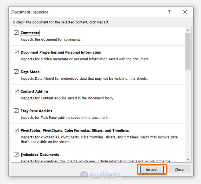 Hit inspect to Save Your Excel Files as XLSX or XLS Files to Fix “Fixed Objects will Move” Error