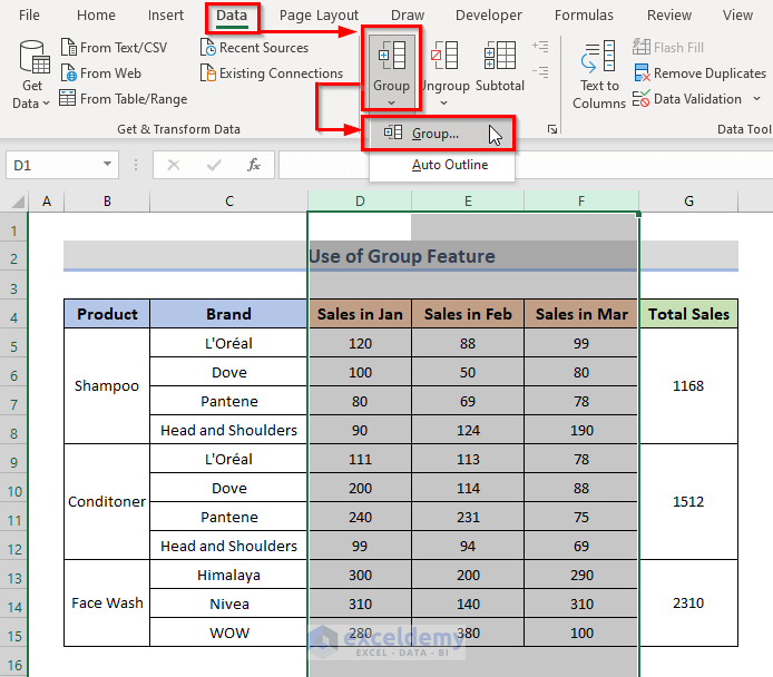 Grouping Cells Using Excel Group Feature