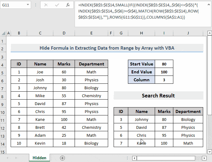 Dataset of how to hide formula in excel using vba