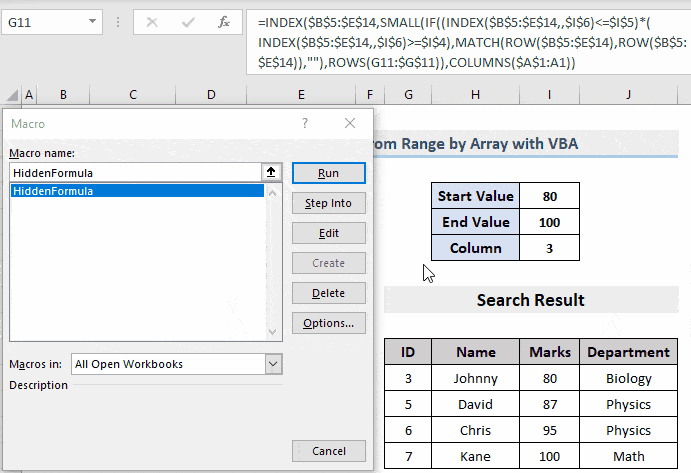 Result of how to hide formula from selection in excel using vba