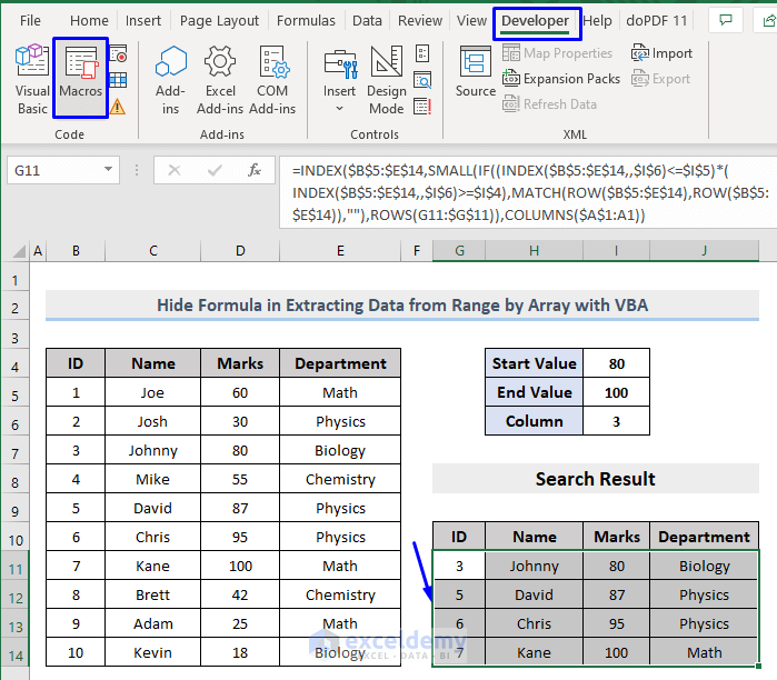 How to hide formula from multiple selection in excel using vba