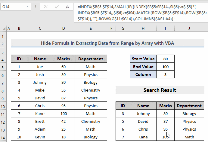 Result of how to hide formula in unprotected sheet in excel using vba
