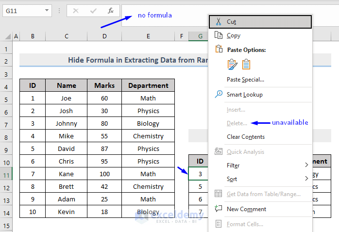 Result of how to hide formula and prevent deletion in excel using vba
