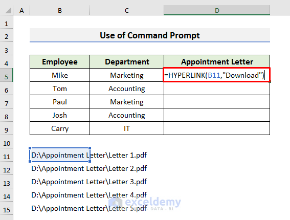 Use of Command Prompt to Hyperlink Multiple PDF Files in Excel