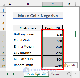 Make a Group of Cells Negative with Paste Special
