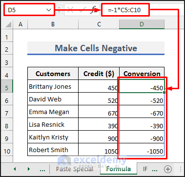 Make a Group of Cells Negative with Formula