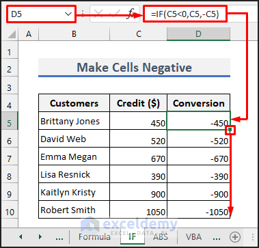 Make a Group of Cells Negative with IF Function