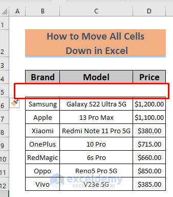 how to move all cells down in excel inserting new row