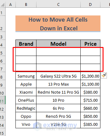 how to move all cells down in excel using keyboard shortcut