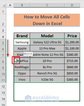 how to move all cells down in excel by dragging mouse