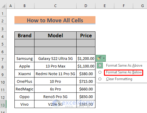 how to move all cells down in excel