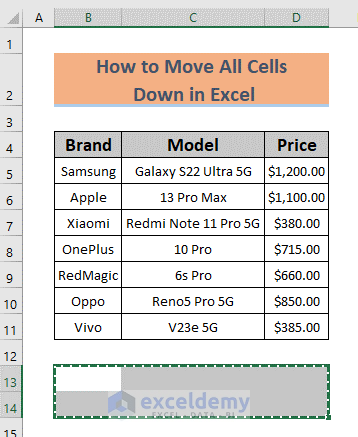 how to move all cells down in excel using blank cell