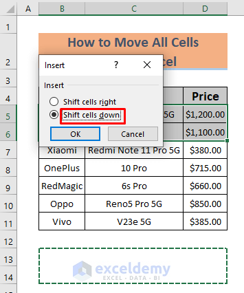 how to move all cells down in excel