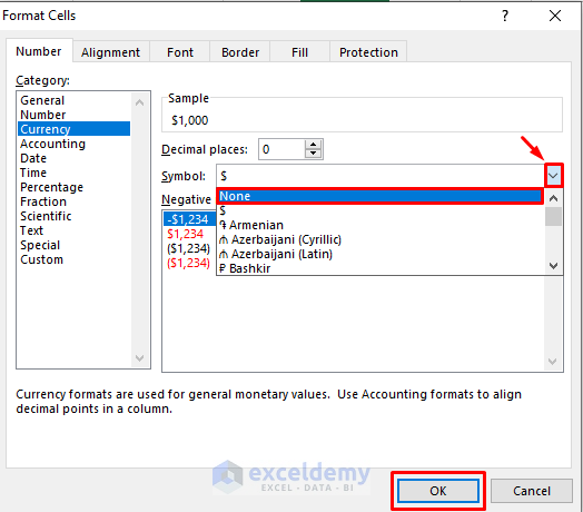 how to remove currency symbol in excel by format tab
