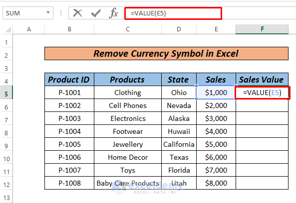 how to remove currency symbol in excel by VALUE function