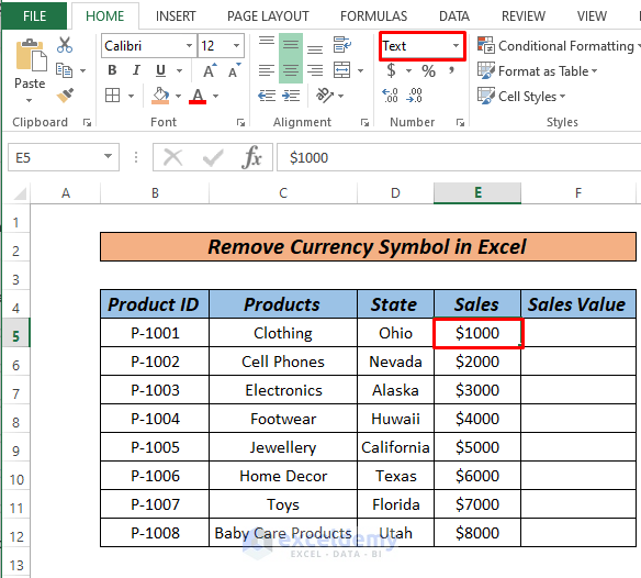 how to remove currency symbol in excel if text values