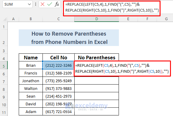 how to remove parentheses from phone numbers in excel