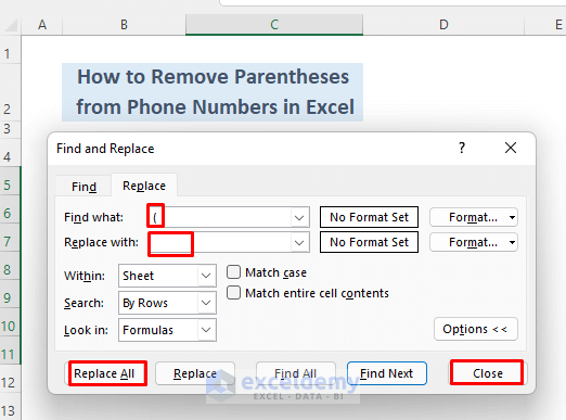 how to remove parentheses from phone numbers in excel