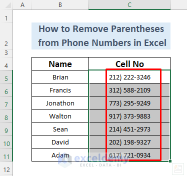 how to remove parentheses from phone numbers in excel using replace command