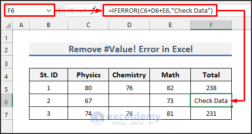 remove value error in excel using IFERROR function