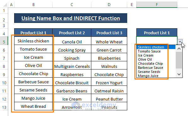 Product list-Excel Dependent Drop Down List with Spaces