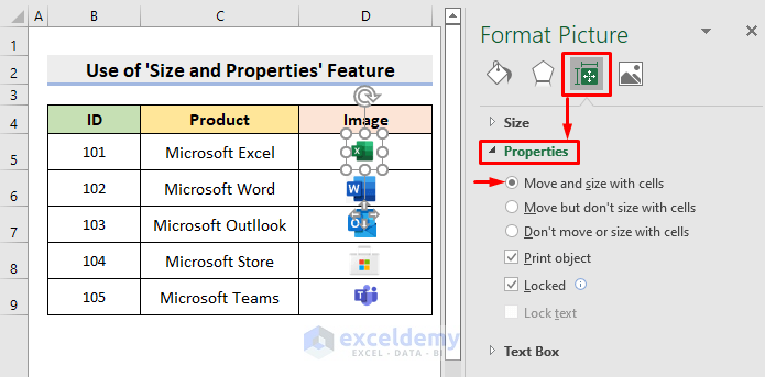 Use Size and Properties Feature to Lock Image in Excel Cell