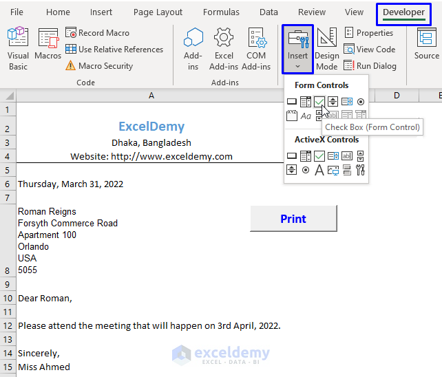 Creating CheckBox to print preview for macro to populate a mail merge document from excel